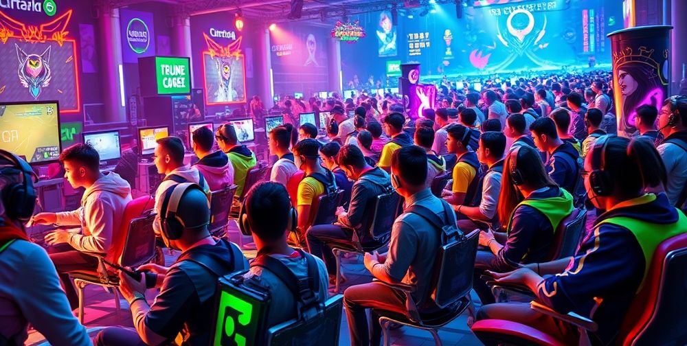 A vibrant online gaming community gathering in a virtual world, with colorful character designs and users engaged in animated discussions and competitions, emphasizing the social aspect of gaming.