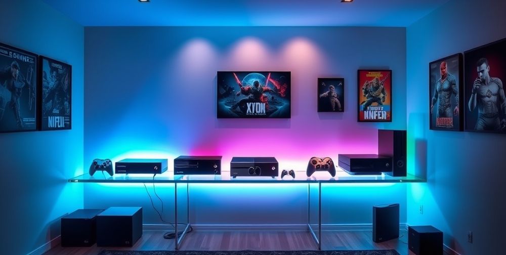 An image showcasing the evolution of Xbox, featuring different console models from the original Xbox to the latest Xbox Series consoles, set in a modern gaming room, with vibrant colors and a gaming atmosphere.