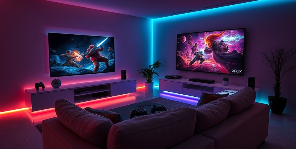 A high-tech living room featuring an Xbox console, a large TV displaying a vivid gaming scene, and a comfortable couch with controllers. The room is dimly lit with colorful LED lights in the background, creating a gaming ambiance.