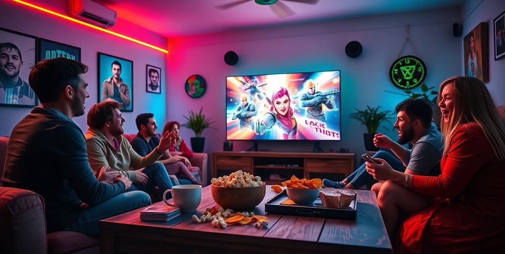 A dynamic gaming environment showcasing people playing Xbox together, with one player enthusiastic about an online game, colorful graphics on the screen, and snacks scattered on the table to enhance the fun atmosphere.