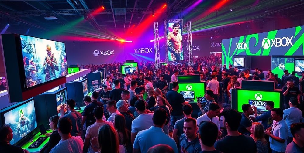 A vibrant exhibition hall filled with gaming enthusiasts, showcasing the latest Xbox console with colorful screens and interactive booths, capturing the excitement of a gaming event.