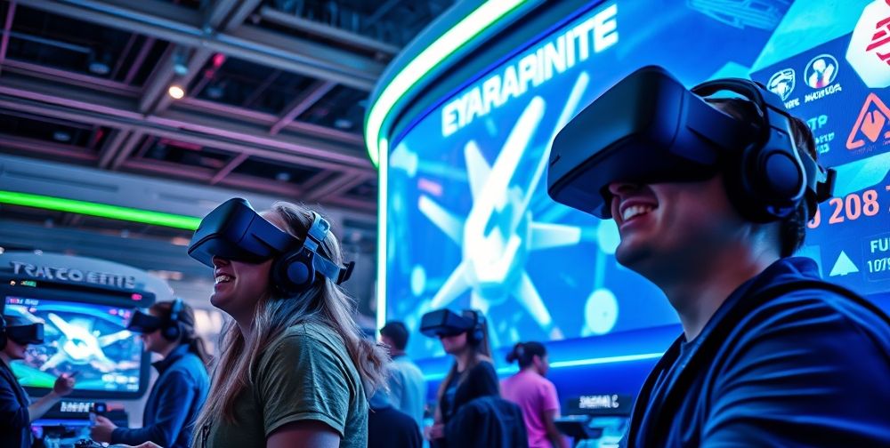 A futuristic gaming booth at an exhibition showcasing virtual reality setups with enthusiastic gamers wearing VR headsets, surrounded by vibrant graphics and interactive displays.