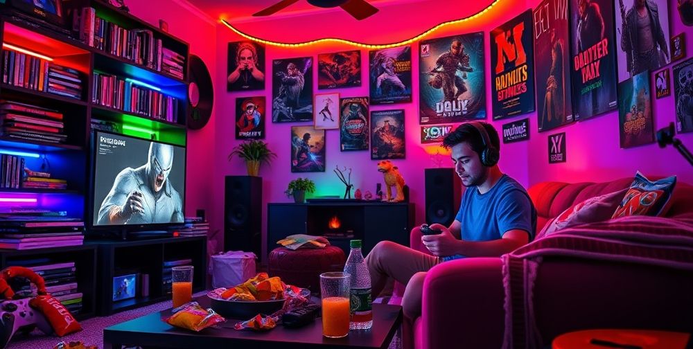 A vibrant and dynamic living room scene featuring a gamer intensely playing on the Xbox, illuminated by colorful LED lights, with game cases and snacks around.