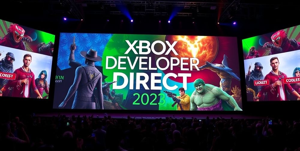 A vibrant display of Xbox Developer Direct 2025 event showcasing new game trailers, with a colorful backdrop filled with visuals of characters and environments.