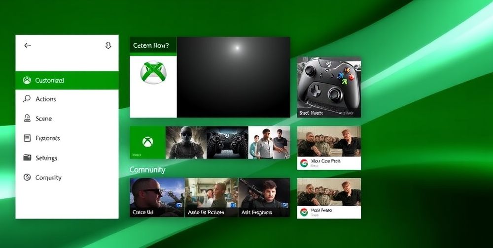 A digital representation of Xbox user interface showing customization options, social features, and community interactions against a sleek, modern background.