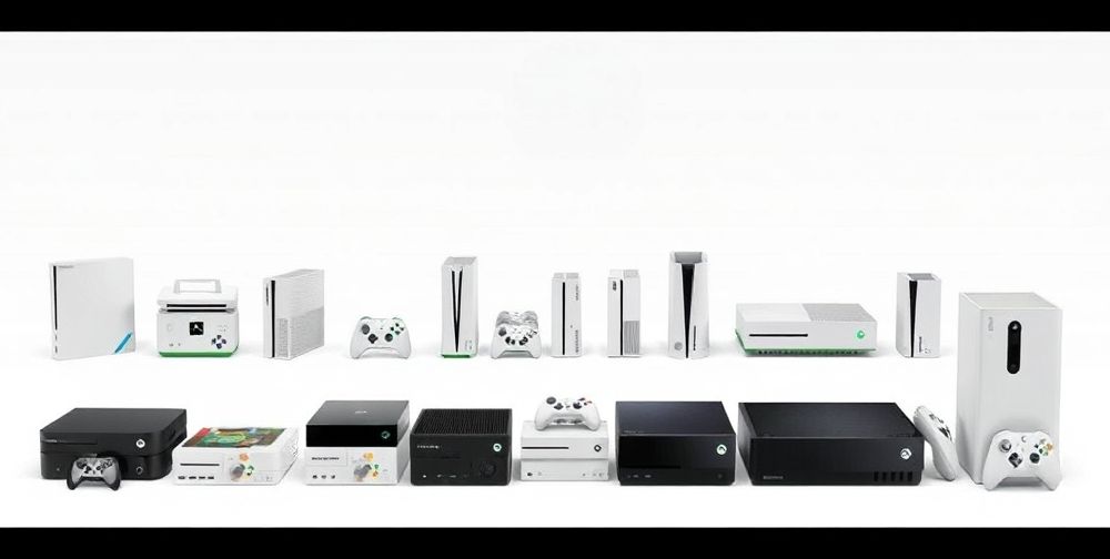 A historical collection of Xbox consoles lined up in chronological order from the original Xbox to the latest Series X, showcasing evolution in design and technology.