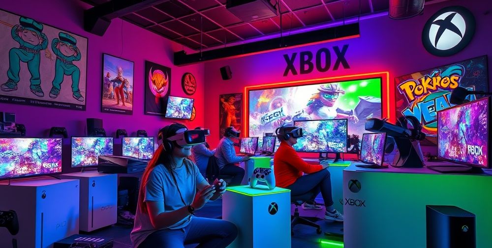 A vibrant gaming room filled with various Xbox consoles, players using VR headsets, and vibrant screens displaying immersive gameplay, showcasing the evolution of gaming experience.