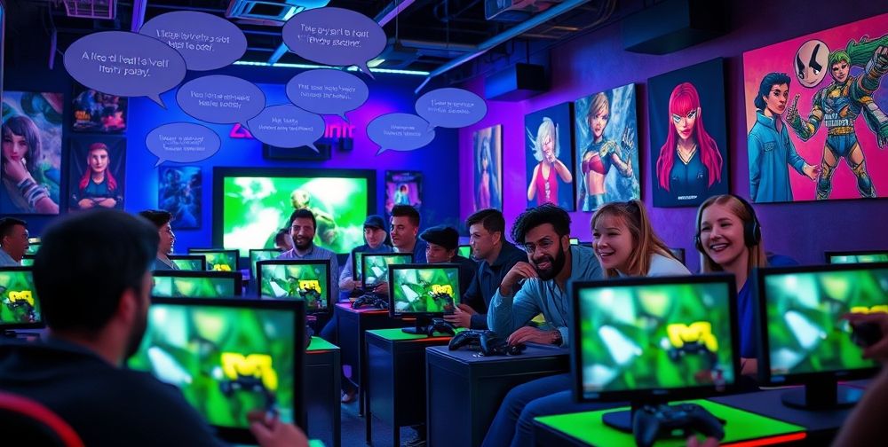 A diverse group of gamers using Xbox consoles in a vibrant gaming room, interacting through screens with chat bubbles and game graphics visible.