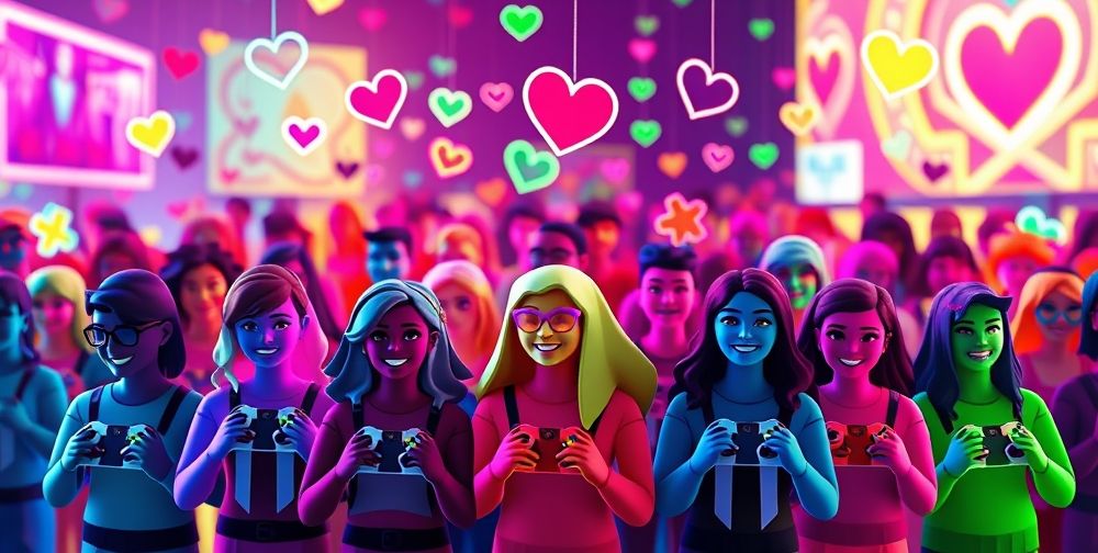 A colorful display of Xbox avatars interacting in a digital social environment, with various gaming elements floating around, showcasing teamwork and diversity.