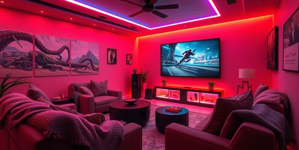 A futuristic Xbox console setup in a cozy gaming room, featuring advanced gaming technology, immersive lighting, and a large screen displaying an exciting game.