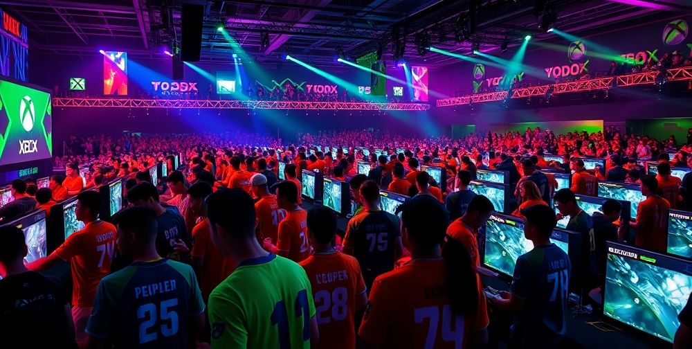 A competitive gaming arena showcasing the latest Xbox games and technology, with enthusiastic gamers highlighting the dynamic and engaging atmosphere.