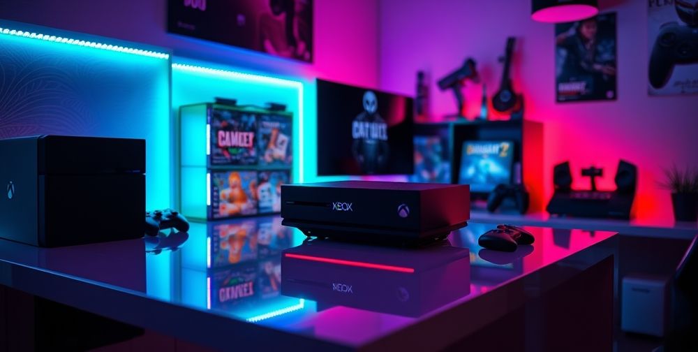 A vibrant gaming setup featuring an Xbox console and various game titles on a sleek desk, surrounded by LED lights creating an immersive atmosphere.