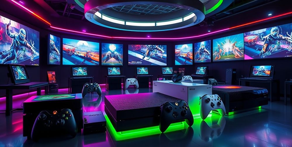 A futuristic gaming environment highlighting various Xbox consoles, surrounded by popular game titles with high-tech interfaces, glowing screens displaying diverse gameplay.