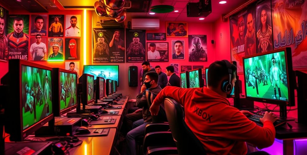 An exciting Xbox gaming tournament taking place in a vibrant Iranian gaming cafe, with players focused on their screens and colorful decorations around them.