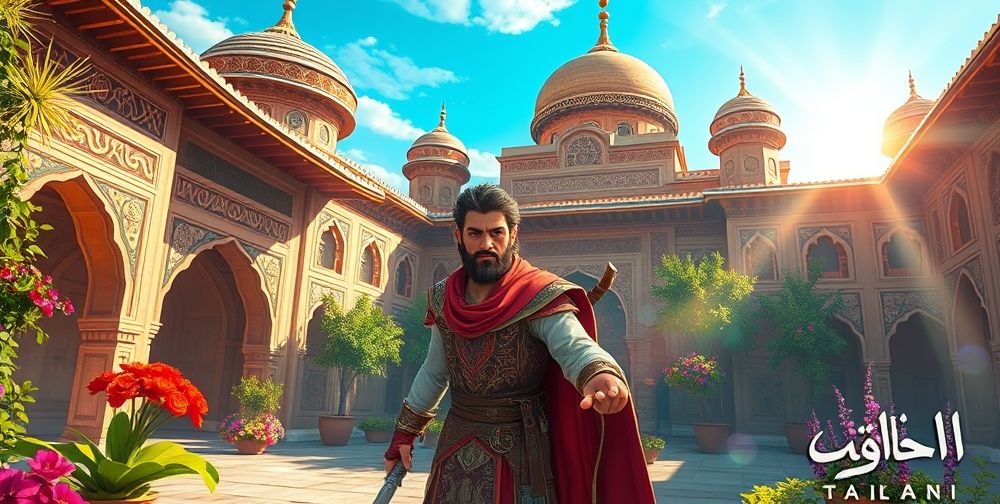 A vibrant and colorful scene depicting Iranian culture through a popular video game character, showcasing elements of Persian art and architecture in a gaming environment.