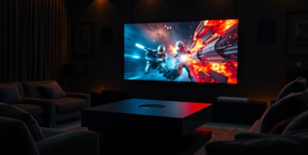 A detailed image showcasing the Xbox Series X console in a gaming setup with vibrant 4K graphics displayed on a large screen, featuring dynamic lighting and textures in a dark living room setting.