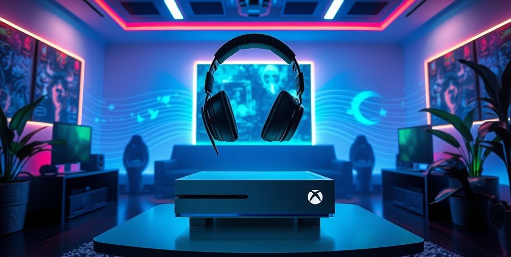 An immersive gaming setup featuring a high-end headset connected to an Xbox console, with visual representation of Dolby Atmos sound technology surrounding the gaming environment, illustrating the spacious sound experience.