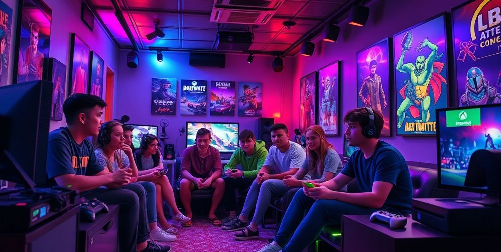 A vibrant scene showcasing a group of gamers playing Xbox in a lively gaming room, with colorful LED lights, various consoles, and posters of popular games on the walls