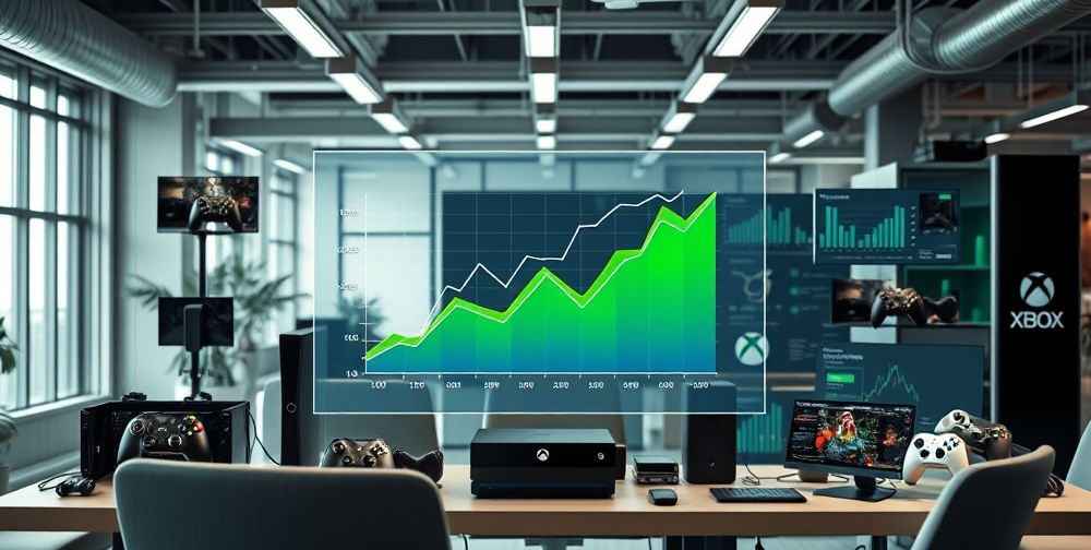 An analytical graph depicting market trends in console gaming, with Xbox highlighted as a key player, background showing a modern office setting with tech gadgets and charts