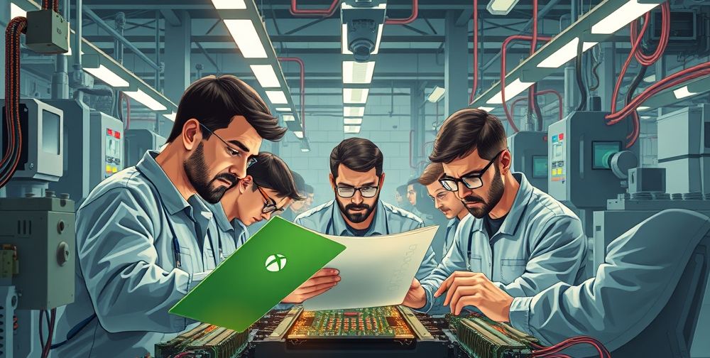 An illustration of Xbox hardware components being assembled in a factory setting, with engineers working attentively, highlighting the intricate parts and technology involved.