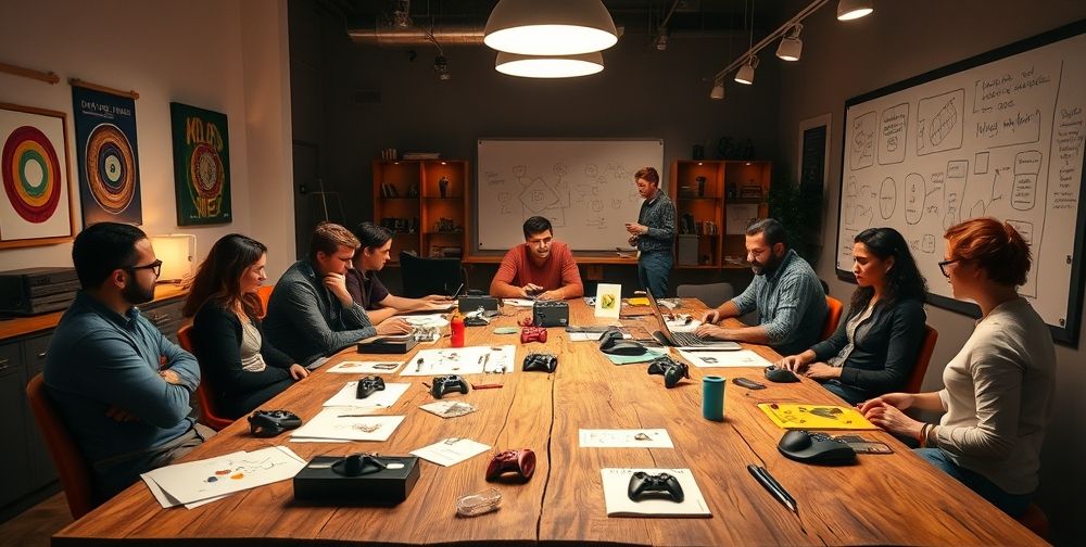 A creative workspace with designers and engineers brainstorming new gaming technology, surrounded by sketches and prototypes of innovative Xbox accessories.