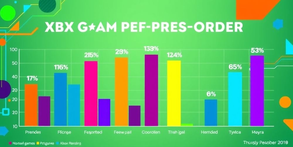 An infographic showing Xbox game pre-order statistics, with colorful bars representing different games' pre-order numbers, and a modern digital design