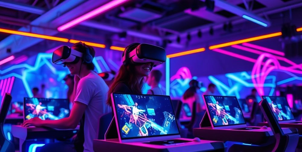 A futuristic gaming setup featuring advanced technology, virtual reality headsets, and players engaged in immersive gaming experiences with vibrant colors and dynamic lighting.