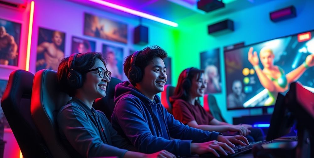 A high-energy gaming room featuring an Xbox console, colorful LED lights, and players deeply engaged in an action game with vibrant visuals on the screen.