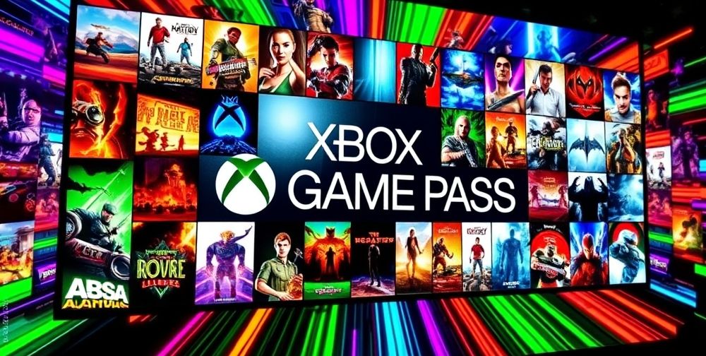 A vibrant collage of Xbox Game Pass titles displayed on a digital screen, showcasing diverse genres like action, adventure, and puzzle games, with colorful game art and logos.