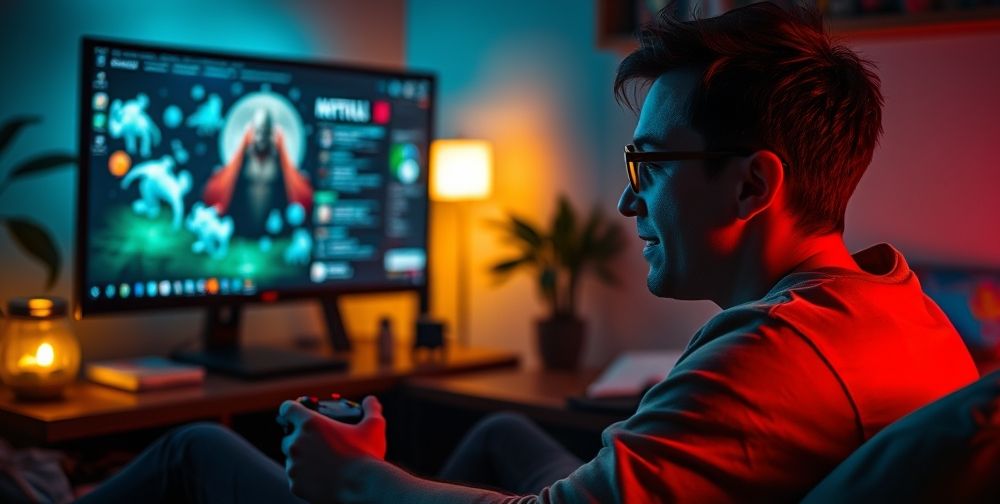 A gamer enjoying Xbox gameplay at night with a soft-lit room and a night mode enabled, the screen showing a dark-themed game interface with vibrant colors.