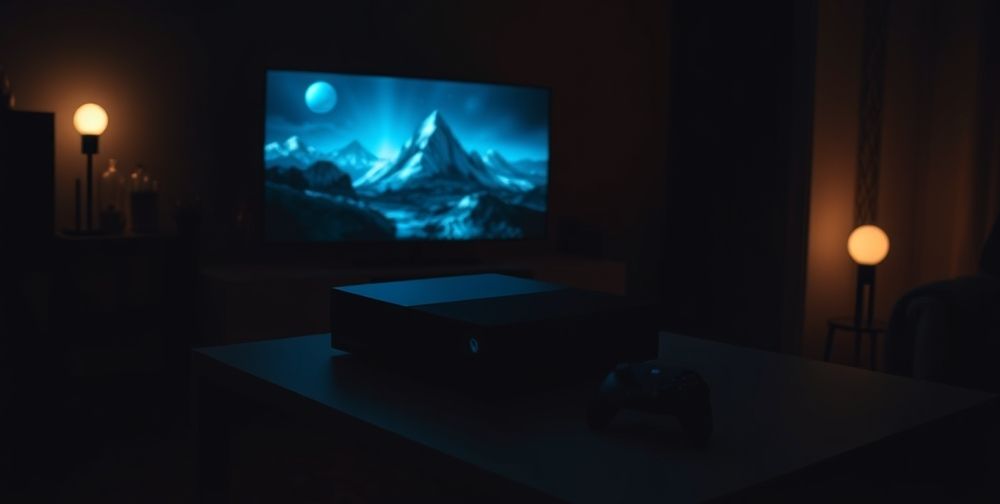 An Xbox console setup in a dark room with a cozy atmosphere, showcasing the night mode on the screen with a beautifully designed game and controller on the table.