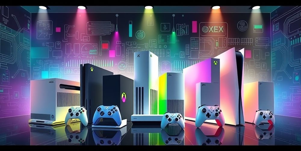 A detailed image showcasing the evolution of Xbox consoles, from the original Xbox to Xbox Series X, highlighting their design changes and technological advancements in vibrant colors.