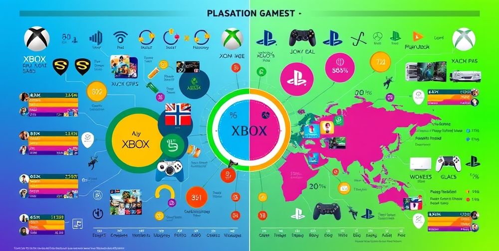 A colorful graphic highlighting demographic differences between Xbox and PlayStation users, showcasing age groups, gaming preferences, and geographical distributions in an engaging design.