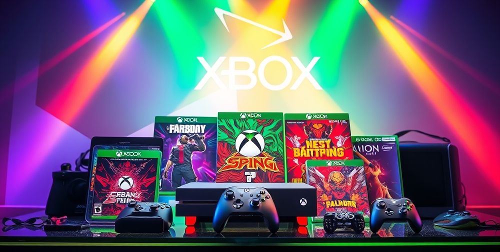 An image depicting various Xbox games on a colorful display, showcasing a gaming console, accessories, and vibrant game covers, capturing the essence of modern gaming technology.