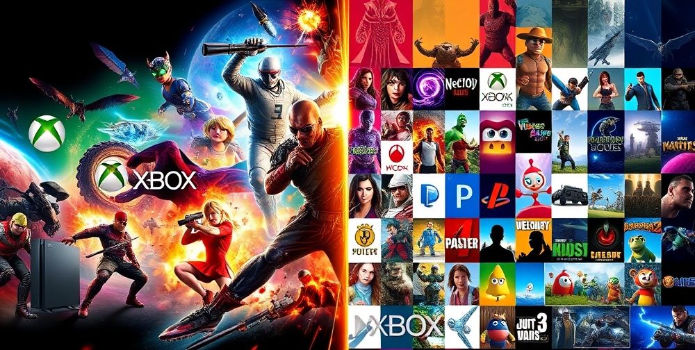 A split image showing Xbox games on one side and other gaming platforms on the other, highlighting the differences in graphics, game variety, and user experience.