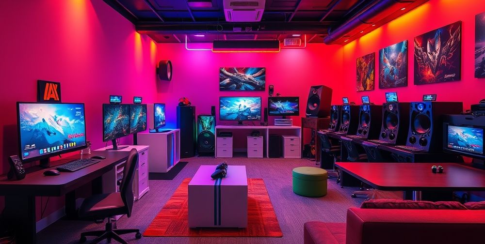 A vibrant gaming room with various game consoles displayed, showcasing the latest technology and accessories, colorful ambient lighting, and a cozy seating area.