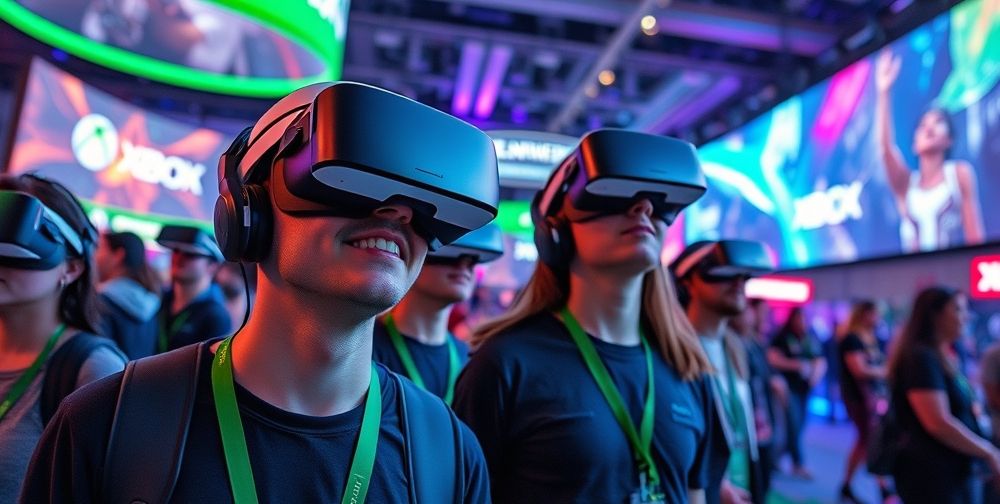 A vibrant gaming event showcasing the latest Xbox VR titles, with players in headsets and captivated expressions, surrounded by vivid visuals and futuristic technology displays. The atmosphere is energetic, filled with excitement and anticipation.