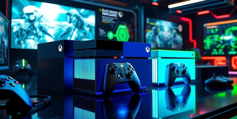 An image of Xbox consoles in a modern tech setting, showcasing the latest models with sleek designs and vibrant colors, highlighting their advanced graphics and gaming capabilities.