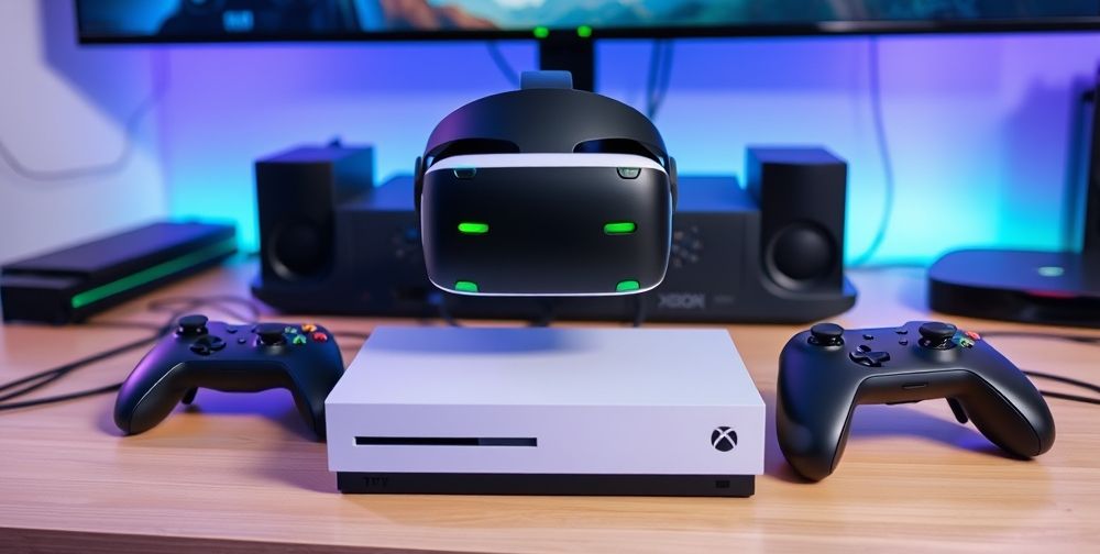 An advanced gaming setup featuring an Xbox console and VR headset, with high-tech controls and ambient lighting creating an immersive gaming atmosphere.