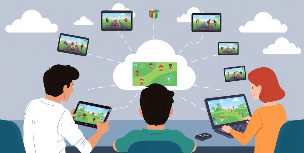 An illustration showing cloud gaming technology, with players enjoying various games on multiple devices like smartphones, tablets, and laptops connected to a central server.