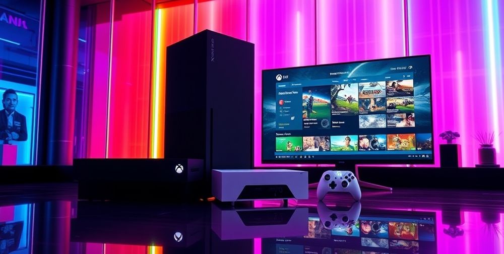 A detailed image showing the two new Xbox models, Series X and Series S, displayed side by side in a modern gaming setup with vibrant RGB lights and a large screen.