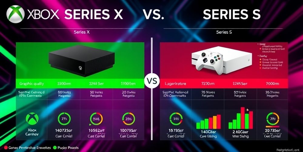 An engaging infographic comparing the key features and specifications of Xbox Series X and Series S, showcasing graphics quality, performance, and pricing.