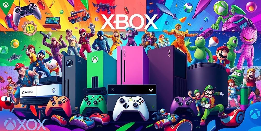 A vibrant illustration showcasing the evolution of Xbox consoles, representing its journey from the first model to the latest, with vivid colors and iconic game characters surrounding them.