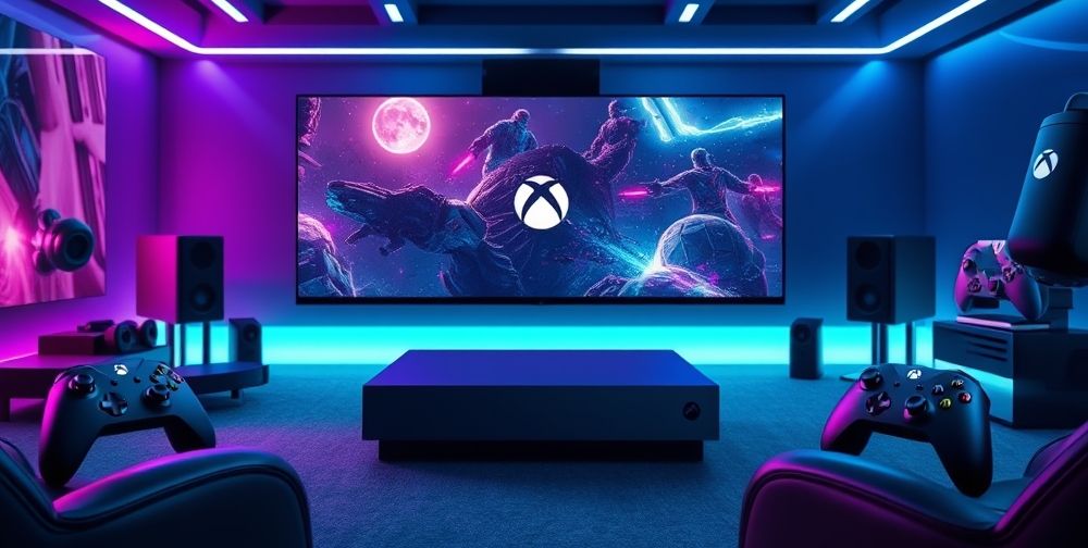 A futuristic gaming setup showcasing Xbox's new gaming technologies, including a sleek console, high-quality screen, and advanced gaming accessories, with a focus on immersive gameplay experience.