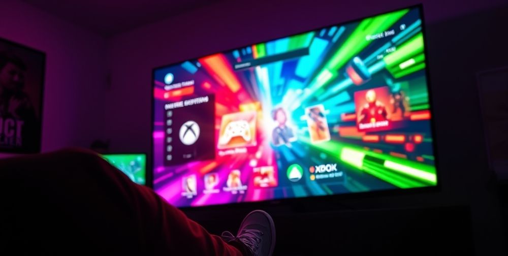 A vibrant Xbox gaming interface showcasing an engaging user experience with vibrant colors, clear navigation icons, and a happy gamer immersed in gameplay.