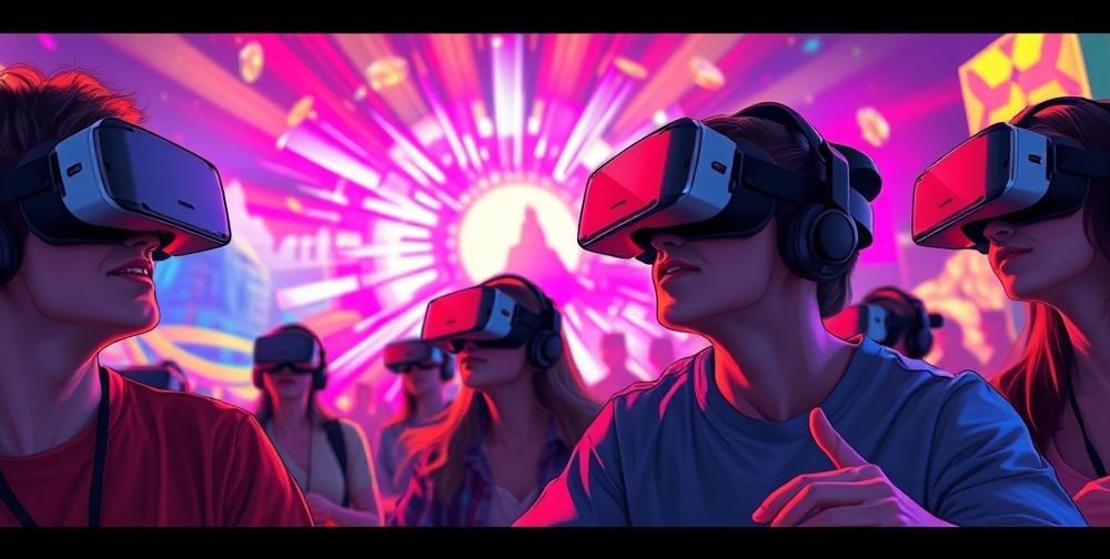 An exciting scene depicting a virtual reality gaming session, showing players engaged and wearing VR headsets, with colorful graphics surrounding them, exuding energy and immersion.