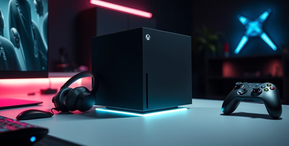 A detailed view of the Xbox Series X console on a sleek gaming desk, showcasing its modern design, LED lighting, and surrounded by gaming accessories.