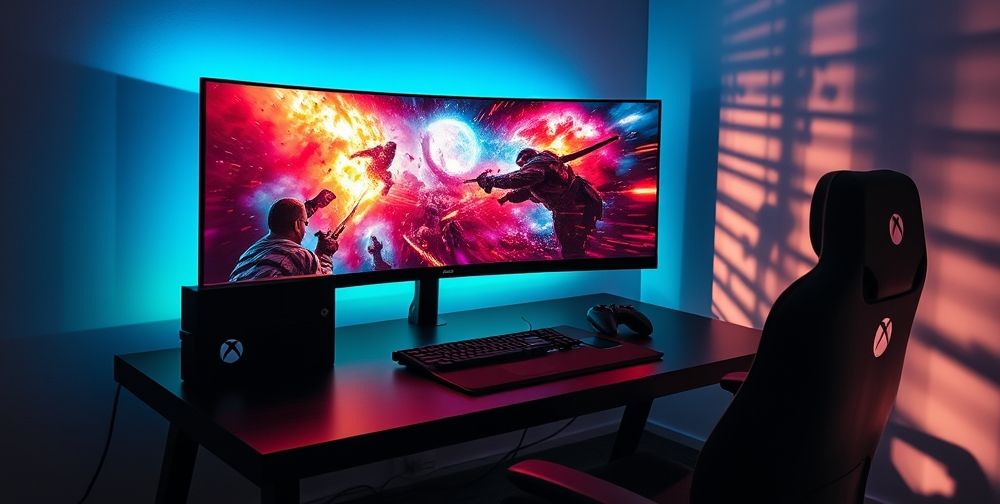 An immersive gaming setup featuring an Xbox console in action, displaying a vibrant game scene on a large curved monitor, with ambient lighting creating a dynamic atmosphere.