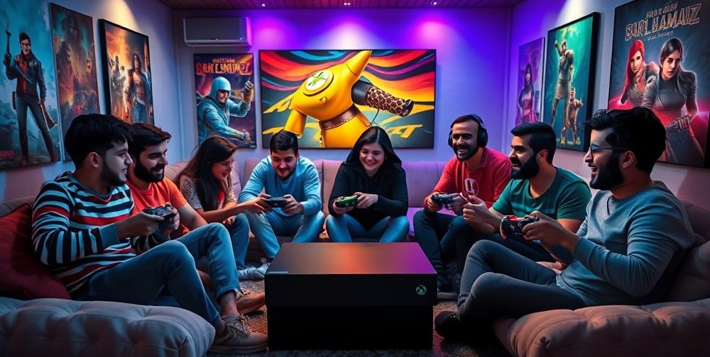 A group of Iranian gamers enjoying their Xbox games together in a cozy room, with vibrant posters on the wall and a game console in the center.