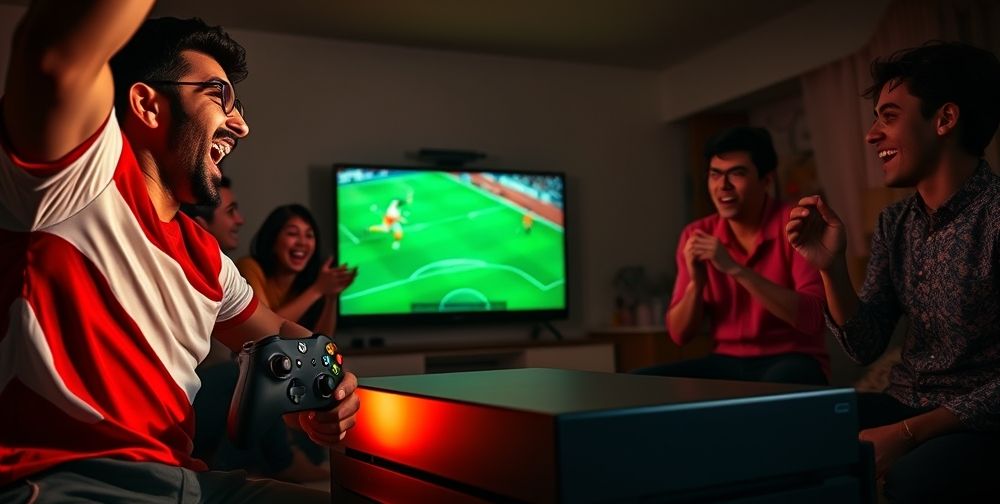 An intense soccer match displayed on an Xbox console, with an excited Iranian player cheering and holding a controller, surrounded by friends.